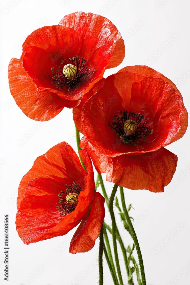 Obraz premium Close-up of three vibrant red poppies against a white background