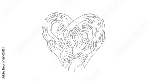 A symbolic illustration of many hands forming a heart shape, representing unity and love.
