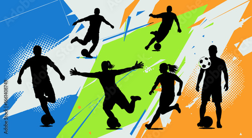 Abstract graphic design of diverse soccer players in dynamic action.