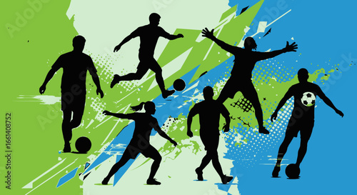 Silhouette figures of soccer players in action, dynamic poses, abstract background.
