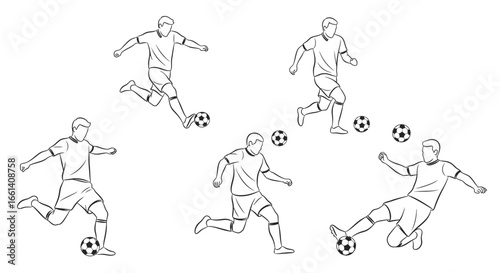 Outline illustrations of soccer players in various dynamic actions with a soccer ball.