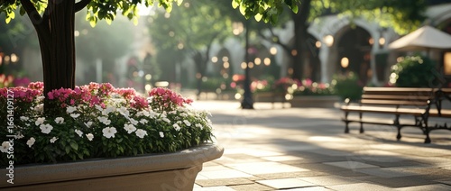 Peaceful city plaza with flowers