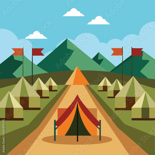 Vector illustration of an army camp mountain landscape 
