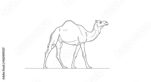 A monochrome line drawing depicts a single-humped camel walking across a plain white background.