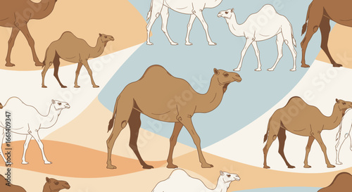 Camels gracefully traverse a stylized desert landscape, depicted in a repeating pattern.