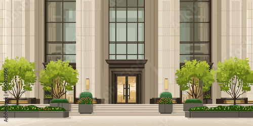 Illustrated facade of a grand building with a symmetrical entrance, large windows, and landscaped trees.
