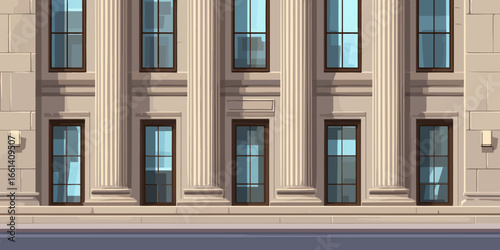 Illustrated classical building facade with grand fluted columns and symmetrical windows.