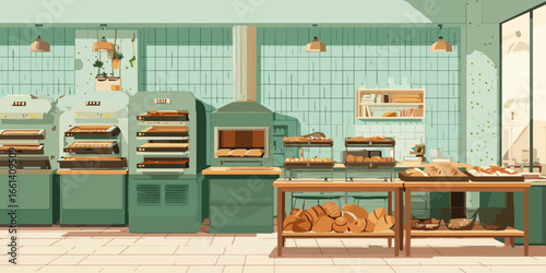 Charming retro bakery interior with green ovens, tiled walls, and freshly baked bread on display.
