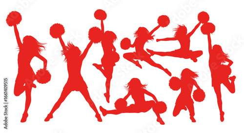 Dynamic red silhouettes of cheerleaders performing various energetic routines with pom-poms.