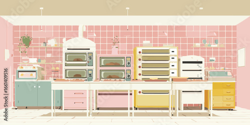 A charming pastel-colored bakery kitchen illustration with professional ovens, workstations, and pink tiled walls.