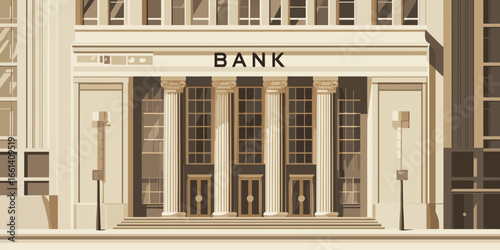 Stylized illustration of a grand bank building facade with classical ionic columns and a prominent sign.