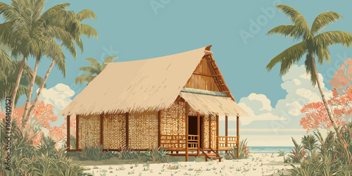 Serene tropical bungalow with woven bamboo walls and a natural thatched roof.