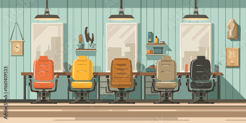 Colorful row of barber chairs in a stylish retro hair salon interior illustration.