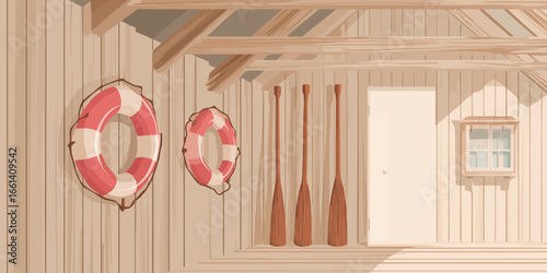 Rustic Wooden Boathouse Facade with Lifebuoys, Oars, and Exposed Beams