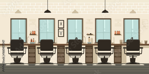 A row of five empty black barber chairs in a modern, stylish hair salon interior illustration.