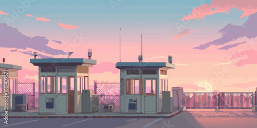Anime-style pixel art of security checkpoint booths and a gate under a dreamy pastel sunset sky.