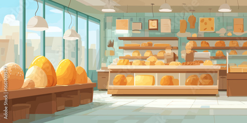 Charming illustrated bakery interior with fresh loaves of bread on wooden display shelves.
