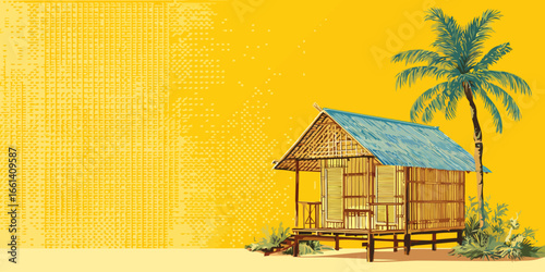 Stylized illustration of a rustic bamboo stilt hut with a blue roof next to a tall palm tree.