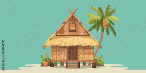 Stylized tropical bamboo hut with a thatched roof and stilt foundation.
