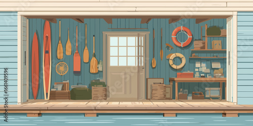 Rustic boathouse interior illustration with wooden oars, surfboards, and lifebuoys.