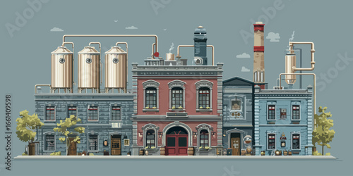 Vintage industrial brewery complex illustration with brick buildings, steel silos, and pipes.