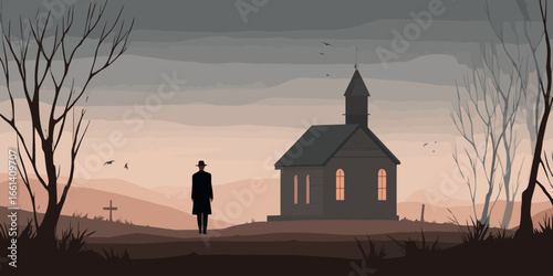 Somber vector illustration of a mysterious man in a fedora watching a remote church at dusk.