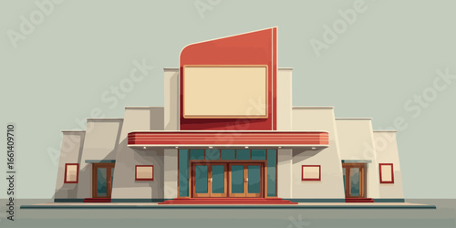 Retro Art Deco movie theater facade with a large blank marquee and symmetrical entrance.