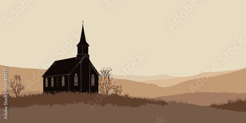 Black silhouette of a traditional country church with a tall steeple and arched windows.