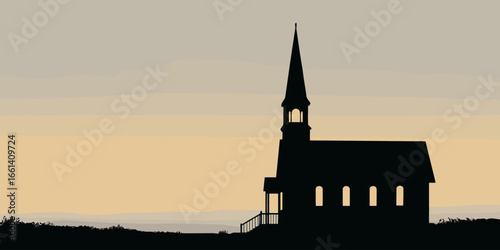 Dark silhouette of a traditional rural church with a tall, pointed steeple and arched windows.