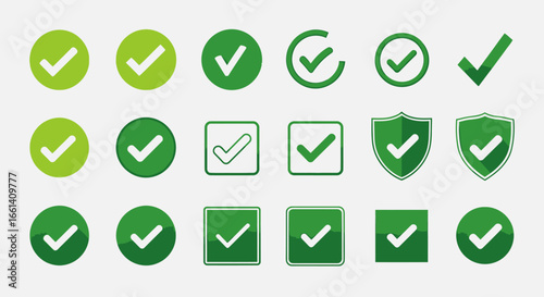 Set of green check mark icons for approval, verification, and successful completion concepts