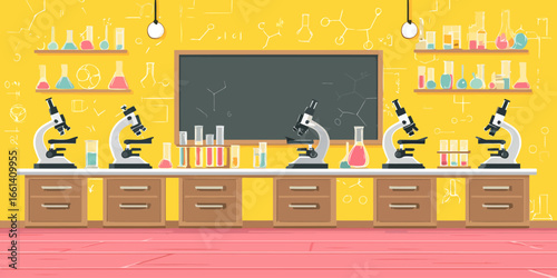 School science laboratory interior with microscopes, glassware, and chemical formulas on a yellow wall.