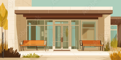 Contemporary building facade with glass double doors, orange benches, and autumn foliage.