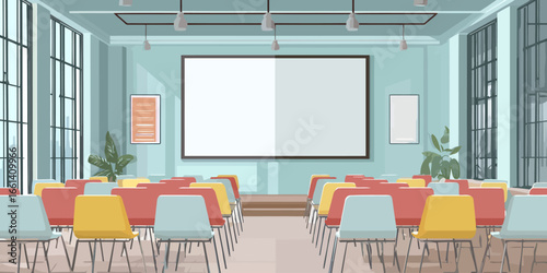 Illustrated modern conference room with colorful chairs facing a blank projection screen.