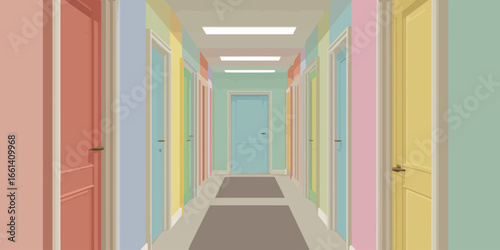 Symmetrical hallway illustration with rows of closed, pastel-colored doors creating a long, vibrant perspective.