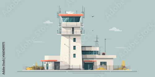 Modern Air Traffic Control Tower with Antennas and Orange Roof, Flat Vector Style