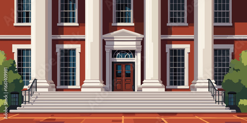 Elegant classical building facade with a red exterior, white columns, and a grand staircase.
