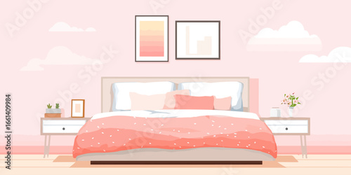 Cozy pink bedroom interior illustration with a made bed, coral duvet, and modern decor.