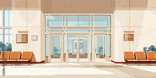 Bright and modern waiting room interior with orange chairs and large glass entrance doors, stylized vector illustration.