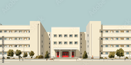 Symmetrical modernist building with a cream facade and striking red entrance doors, vector illustration.