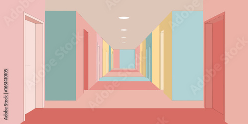 A long, empty hallway with a vanishing point perspective, featuring pastel-colored walls and multiple doors.