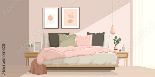 Cozy modern bedroom illustration with a pink comforter, soft pillows, and minimalist abstract art.