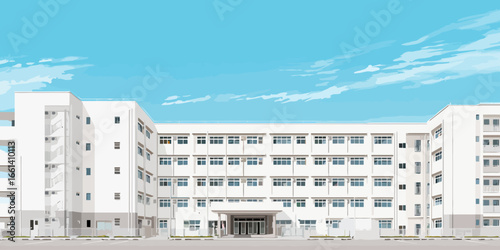A clean, modern Japanese school building with a white facade and many windows, depicted in a flat vector art style.