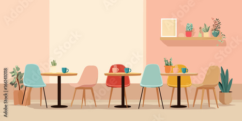 Stylish cafe interior with colorful modern chairs, round tables, and green potted plants.