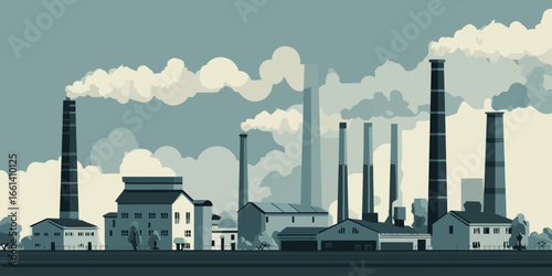 Flat design illustration of a factory complex with tall chimneys and billowing smoke.