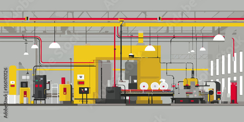 Flat design illustration of an industrial factory interior with a yellow production line and machinery.