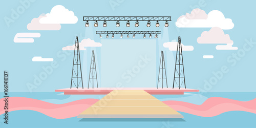 Empty outdoor concert stage with lighting rigs, truss towers, and a central runway in a flat vector style.
