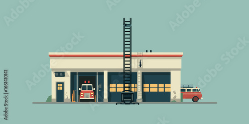 Minimalist vector illustration of a fire station with a fire engine in the bay and a large extended ladder.