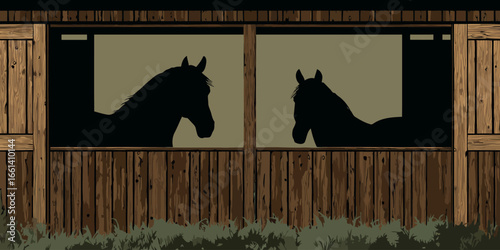 Two black horse silhouettes looking out from rustic wooden stable windows.