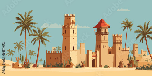 Ancient desert fortress with crenellated towers, a red-tiled roof, and surrounding palm trees.