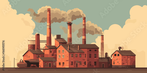Stylized illustration of a vintage red brick factory complex with smoking chimneys.
